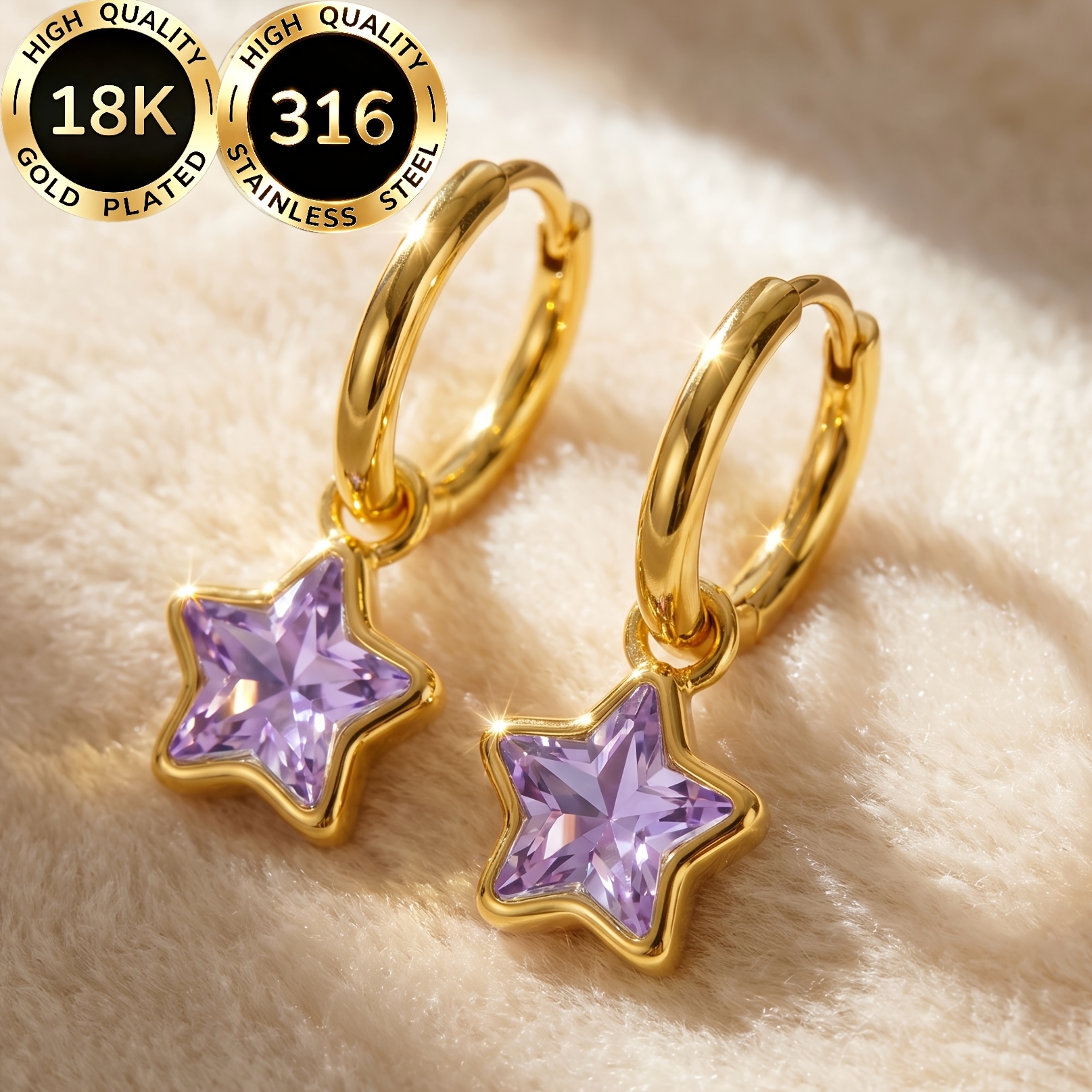 TEMU 1 Pair High-quality Steel 18k Golden Plated Hypoallergenic Face-shaping Light Luxury Sweet Sparkling Purple Pentagram Pentagram Design Women's