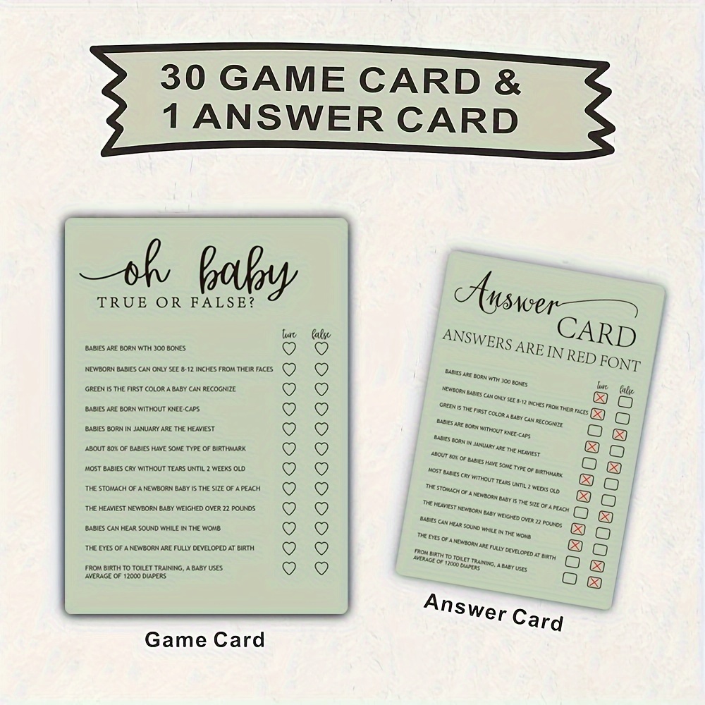 

Oh ! 31pcs False Game Cards For Shower - Double-sided, Style, Green 5"x7" - Includes Answer Card, Gender Reveal & Party Favors