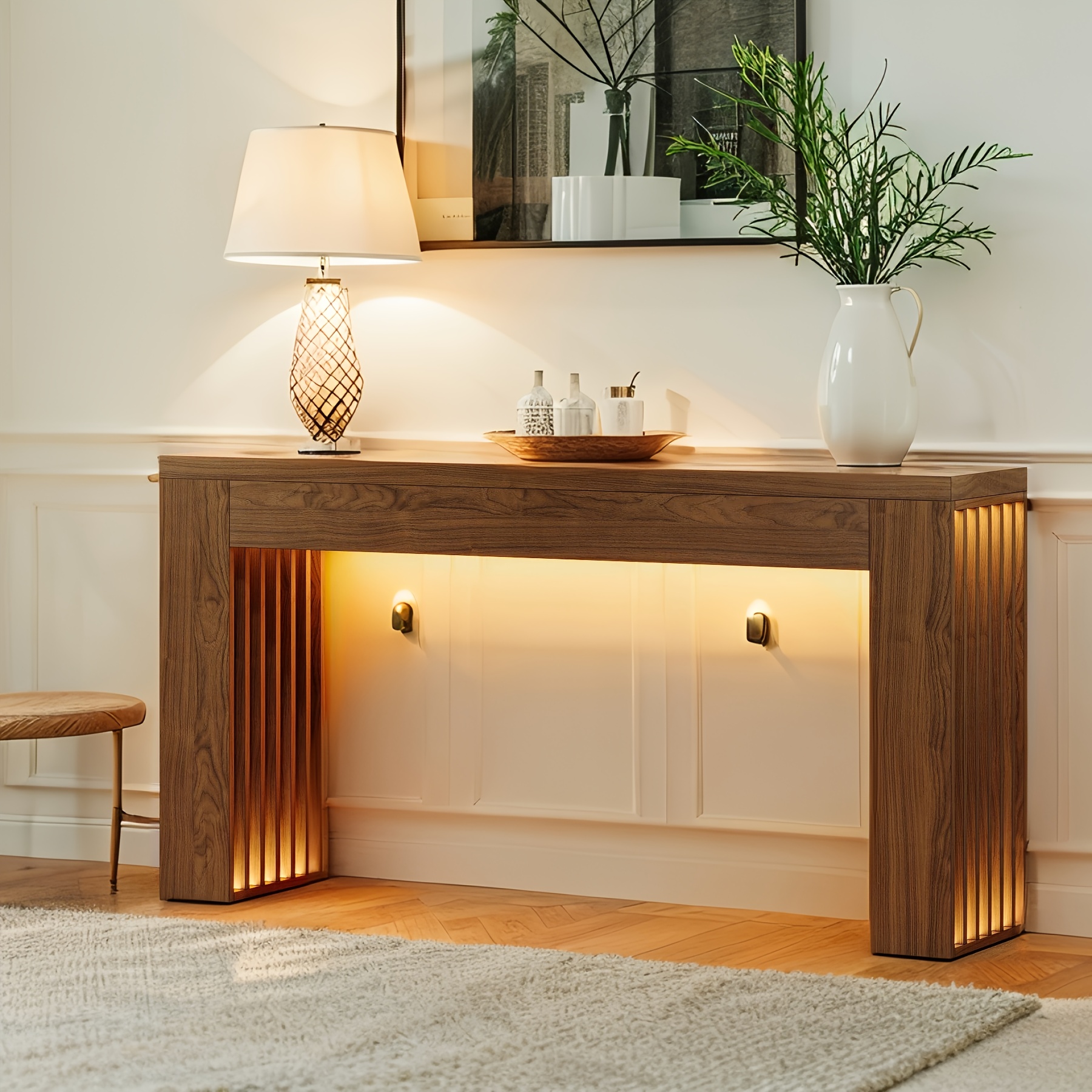 mesa de sofá clásica de madera de 59 pulgadas - mesa de consola multifuncional con estantes de almacenamiento, lámpara decorativa y , para el pasillo o el salón, mesa de entrada | mesa de estilo | parte superior de madera laminada, mesa de sofá para el salón 2