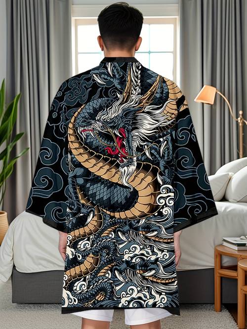 2025 trendy dragon long robe open cardigan loose ghost warrior kimono 3 4 sleeve dragon robe bathrobe