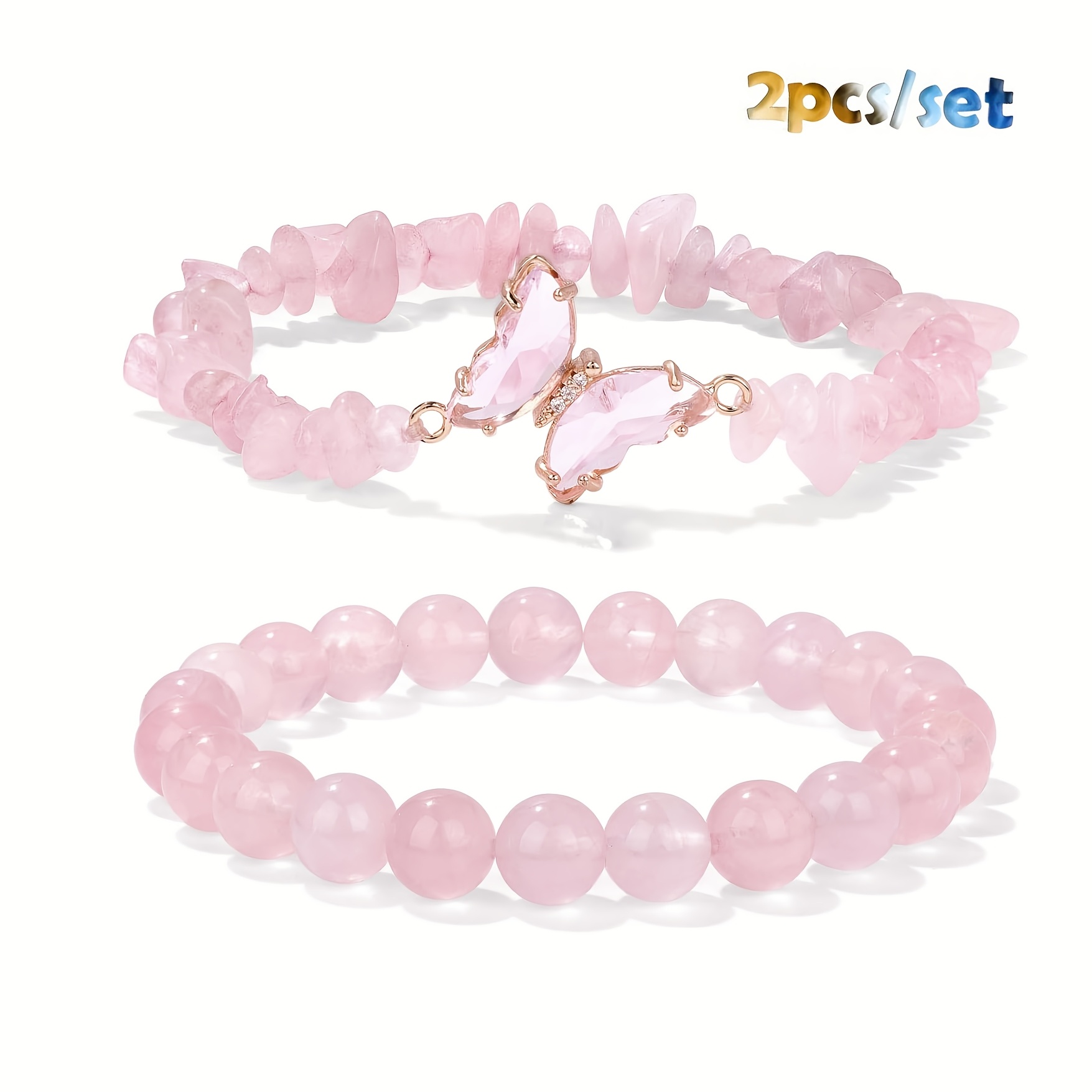 Image of 2pcs Rose Quartz Stretch Bracelet & Crushed Stone Bracelet Set, Women's Trendy Hand Jewelry, Suitable For Daily Wear And Special Occasions, Ideal Holiday Gift