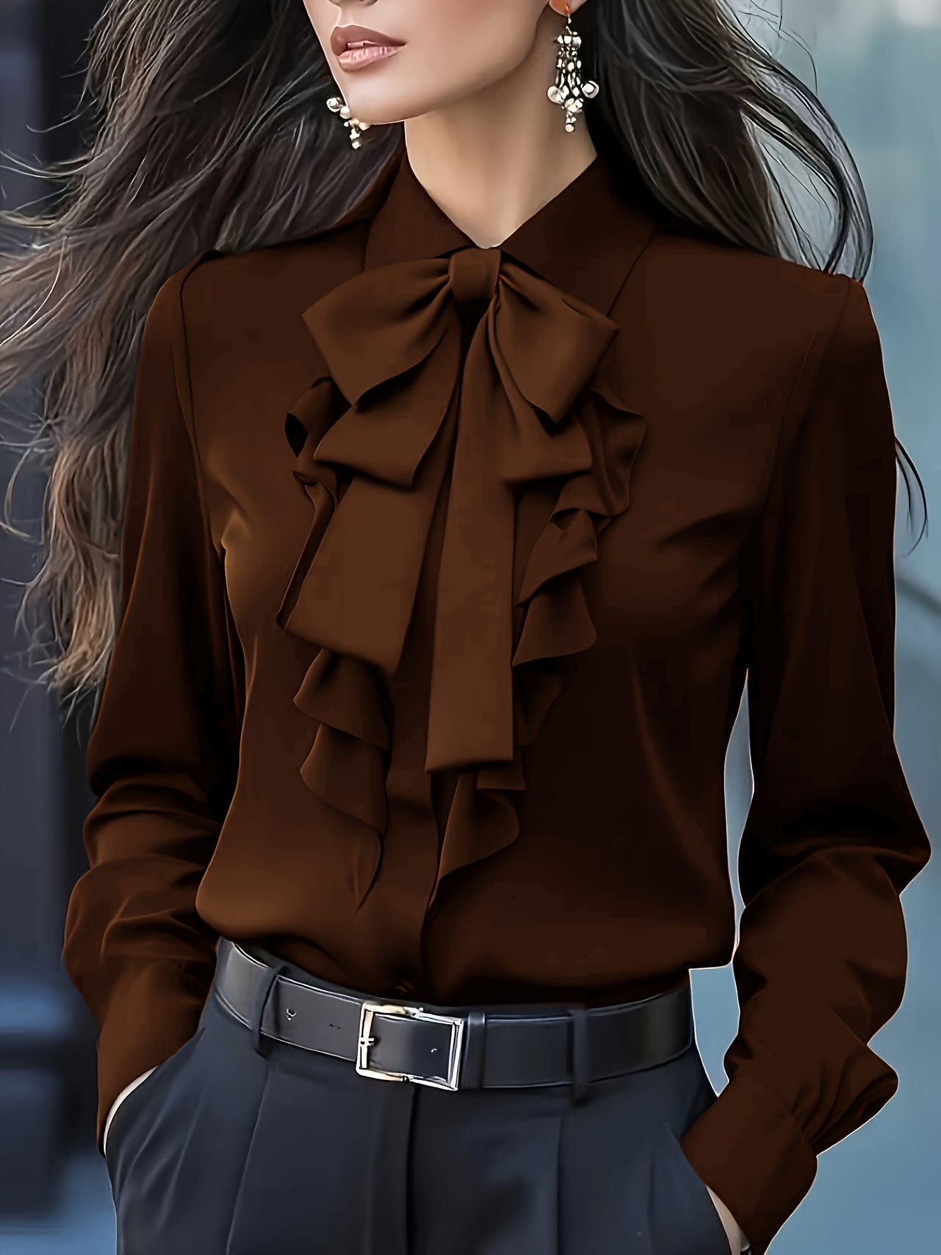 Women'* Color Shirt, Long Sleeve Blouse, Bow Tie Necktie Tie, with Buttons,  High-End Elegant, Comfortable Outing, Fashionable New Style, Versatile