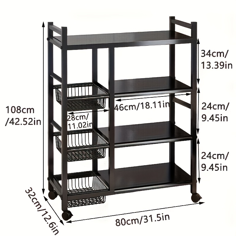 TEMU 1pc Movable Storage Rack, Adjustable 4-storey Kitchen Shelf With 3 Wire Baskets, Kitchen Organizer And Storage, Metal Shelf Rack With Wheels,