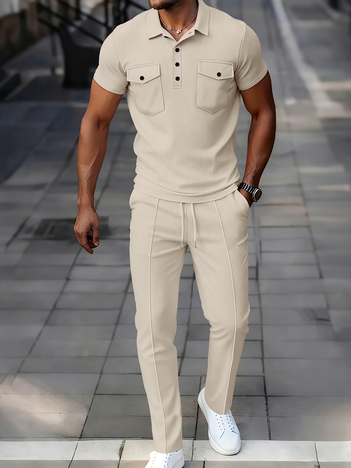 Men's Waffle Knit Casual Double-Pocket Short-Sleeve Shirt with Athletic Long Pants Set