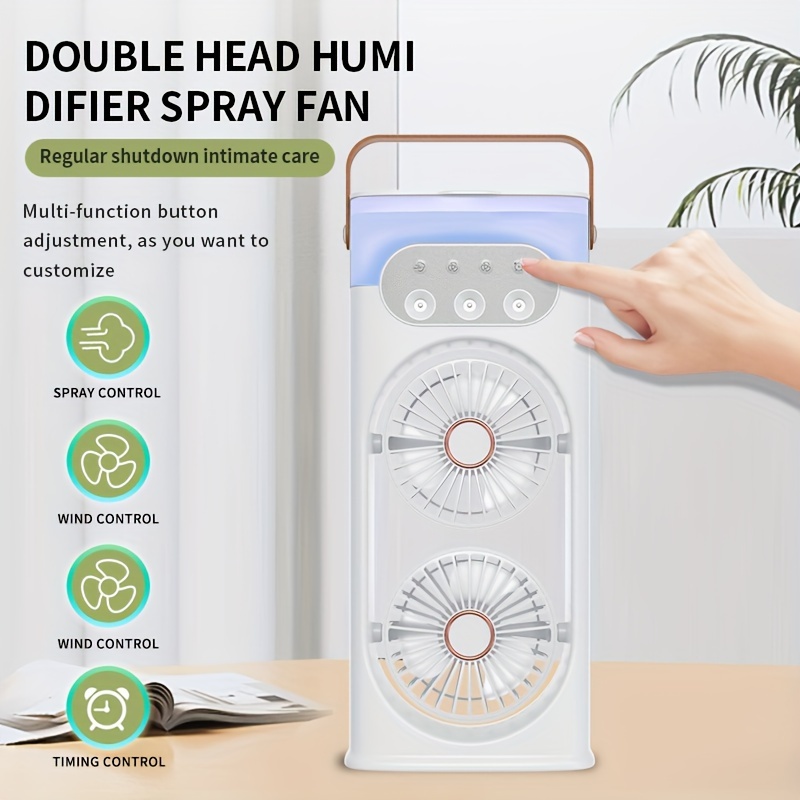 portable usb dual fan with humidifying misting feature painted plastic table fan for indoor and outdoor cooling   operation with button control multi component accessory no battery required details 1