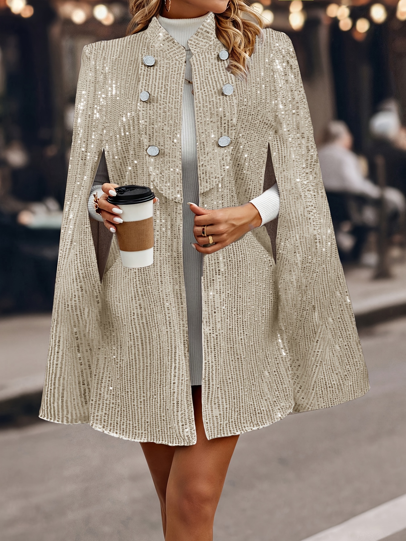european american trendy stand collar cape jacket sparkling