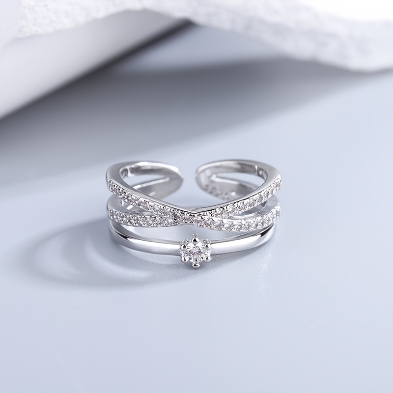 Open Adjustable Ring with Inlaid Zirconia Diamonds, Versatile Design