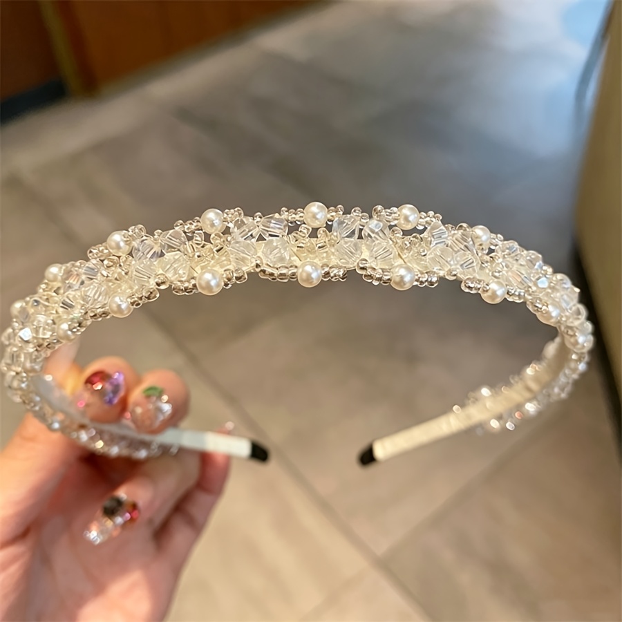 TEMU Bandeau coréen haut de gamme en perles synthétiques blanches, accessoire de cheveux élégant et atmosphérique pour femmes