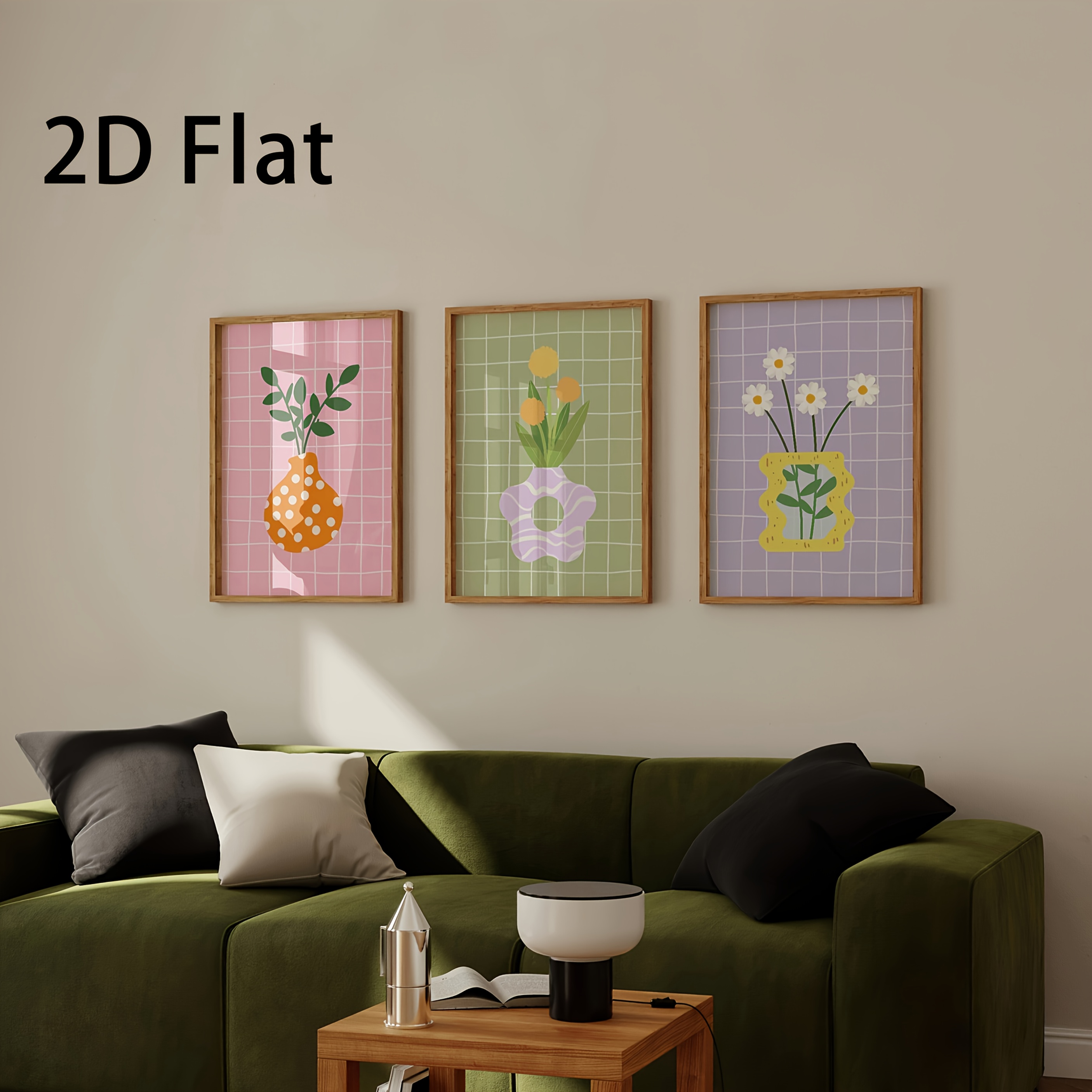 E-shop 2D Flache, 3-teilige rahmenlose Leinwandposter - Moderne Kunst im Bohemian-Stil mit Blumenvasenmotiven, Wanddekoration für Schlafzimmer,