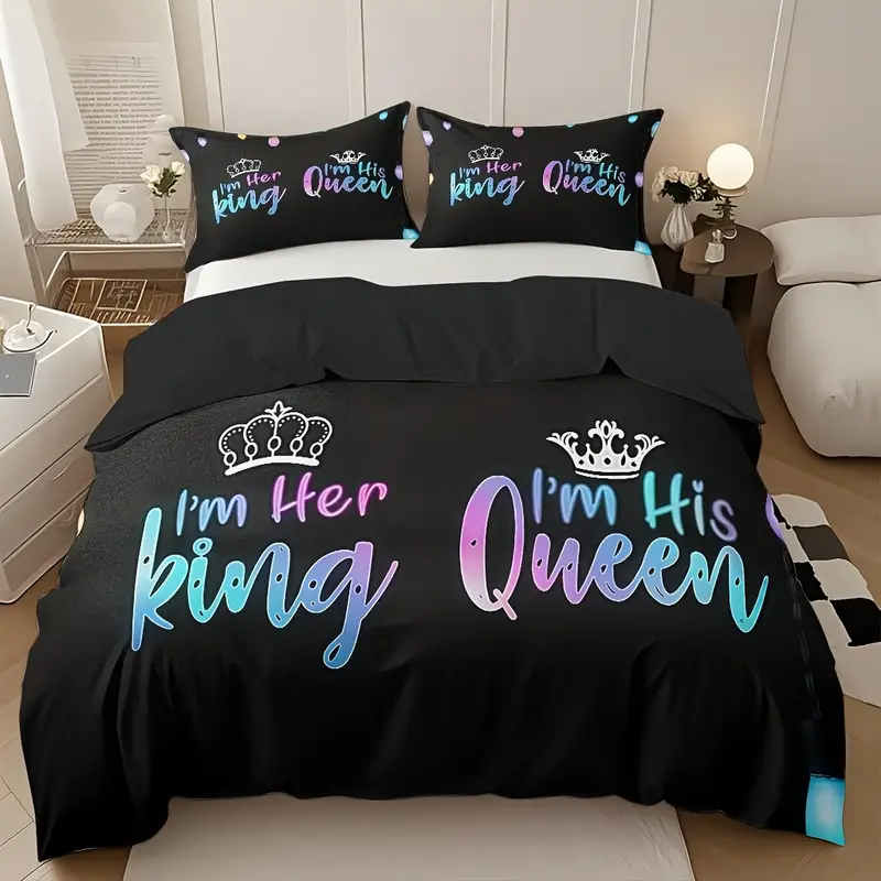 3pcs couple duvet cover set soft high definition black with colorful text breathable polyester perfect gift for machine washable 1 duvet cover 2 pillowcases no insert Product details 4