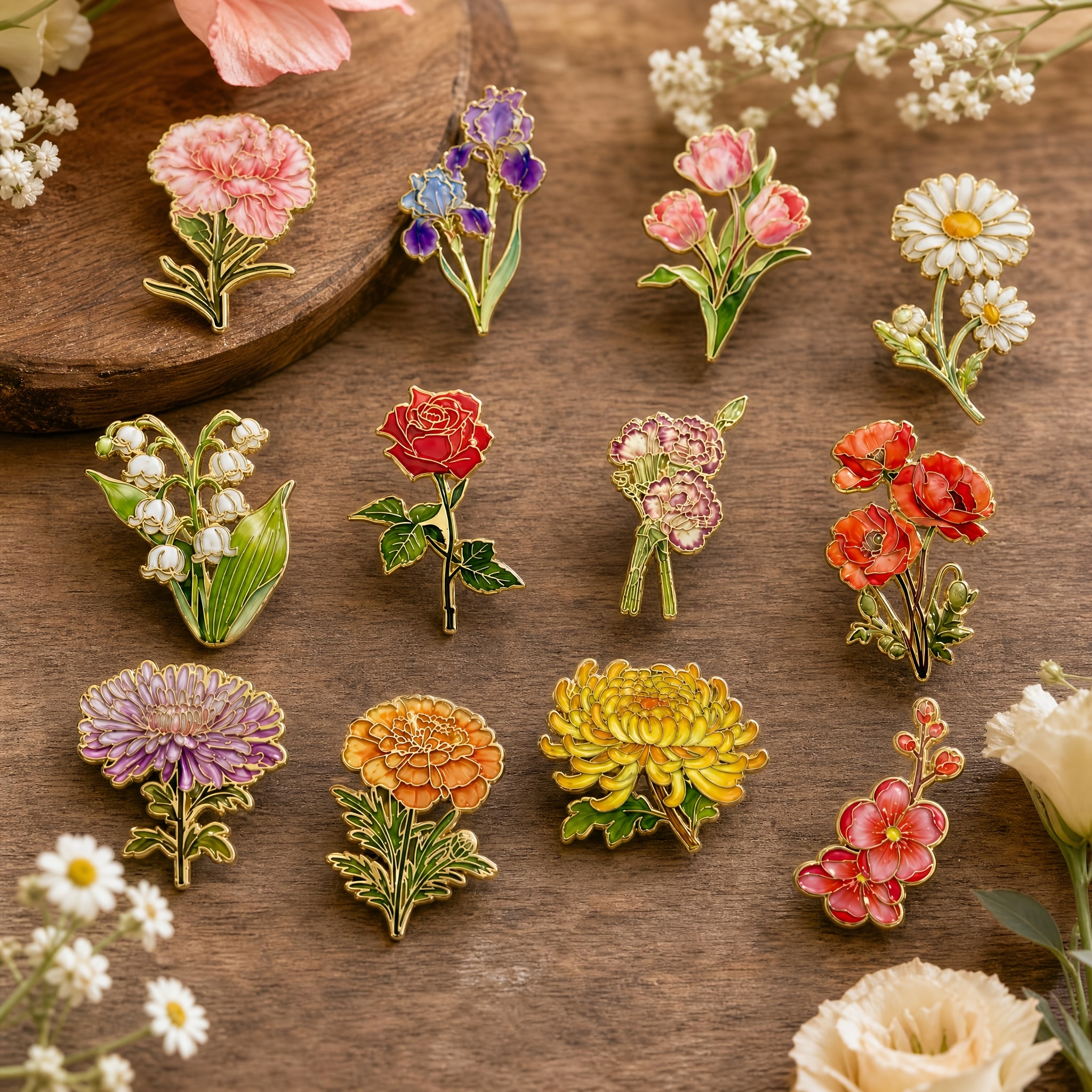 TEMU Lot de 12 épingles en émail à fleur mensuelle, badges décoratifs tendance à de couleur, ornements pour de veste et sac, cadeaux, émail