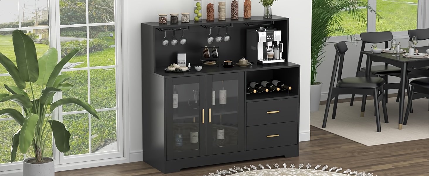 A Wine Storage Cabinet Featuring LED Lighting, Equipped with Racks for Wine And Glasses, Serving As a Kitchen Buffet Sideboard with Additional Storage And Drawers, Designed As a Contemporary Liquor Cabinet And Organizer.