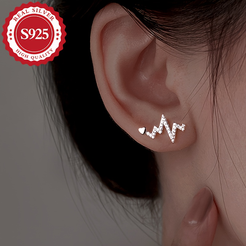 

Elegant Heartbeat Design Stud Earrings For Women, S925 Sterling Silver With Synthetic Zirconia Silver Plated, Hypoallergenic, Perfect For Daily Festivals, Christmas Gift - Pair