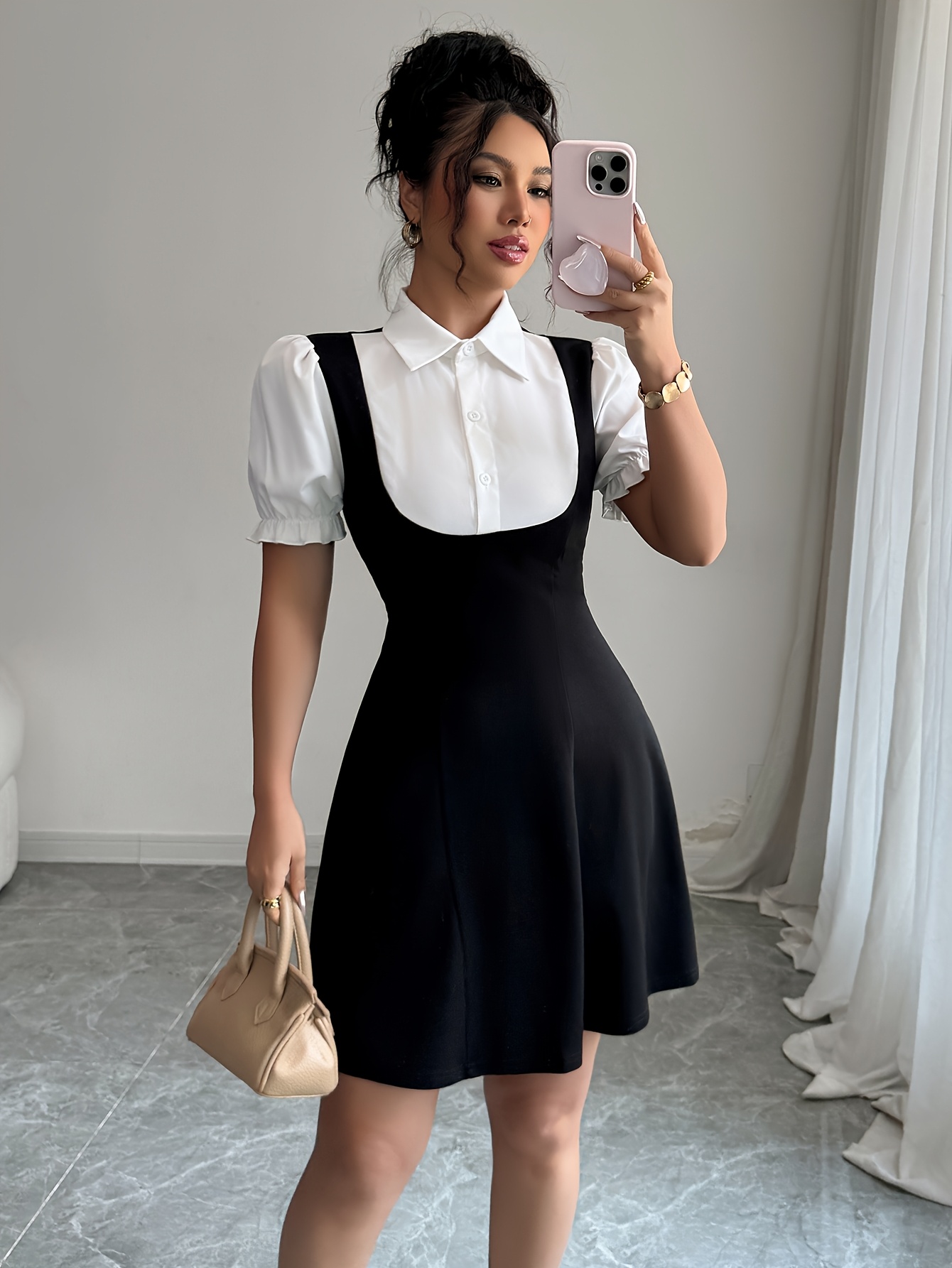 womens elegant black white collar button a line dress short - Temu Mauritius
