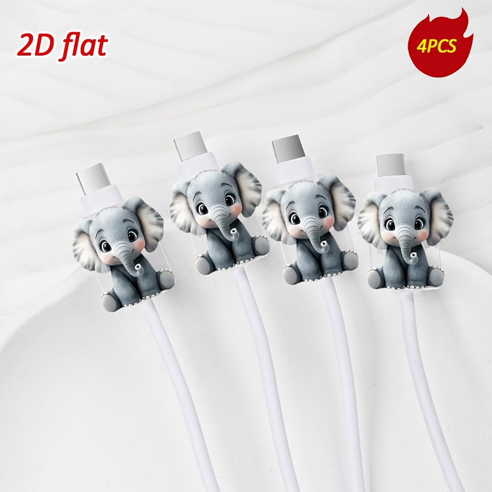 [2d Flat] 4pcs Cute Elephant Cable Protectors, Anti-breakage And Scratch-resistant, Type-c Phone Data Cable Protector, Aesthetic, Fashionable And Durable