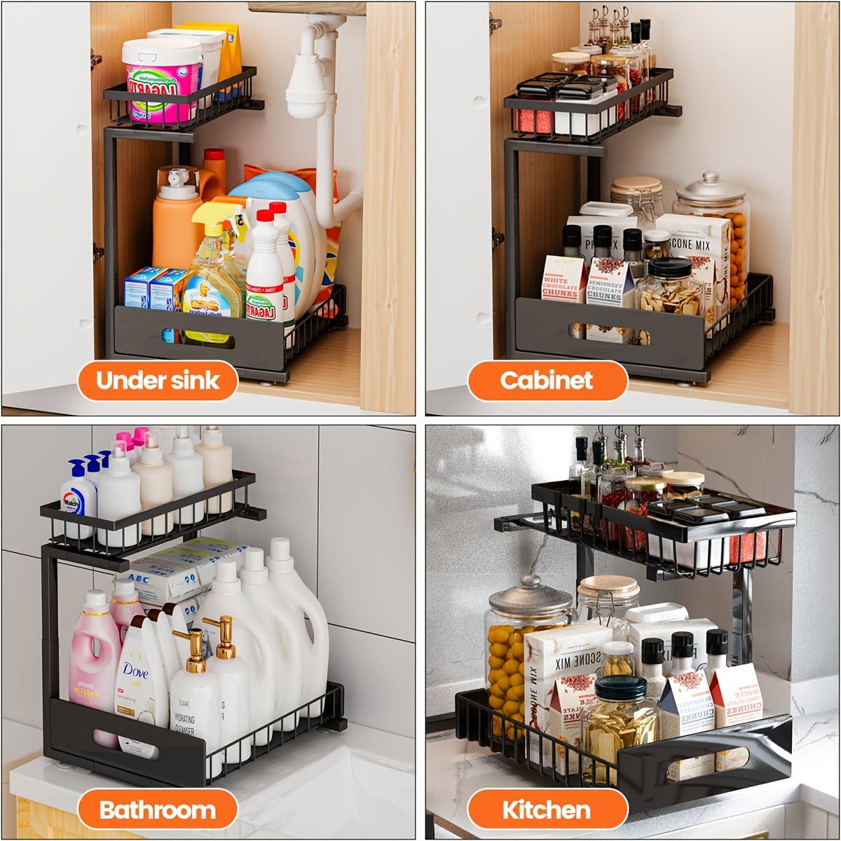 Metal Under Sink Organizers, Pull Out Under Sink Storage Shelves with Sliding Drawer for Kitchen, Bathroom (1pack/2pack)