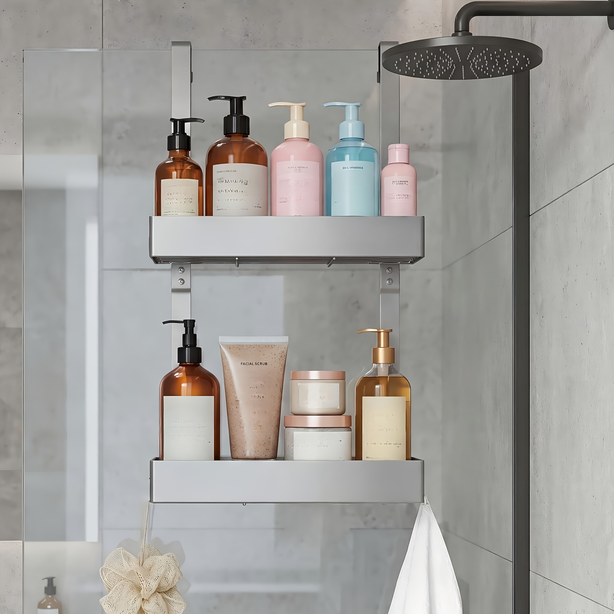 Bathroom Shelf, Hanging Shower Shelf, Bathroom Door Hanger With 12 Side Hooks, Steel, Height Adjustable, No Drilling Required, 2 Levels, Good Load-bearing Capacity, For Shower Cabs, Shelves