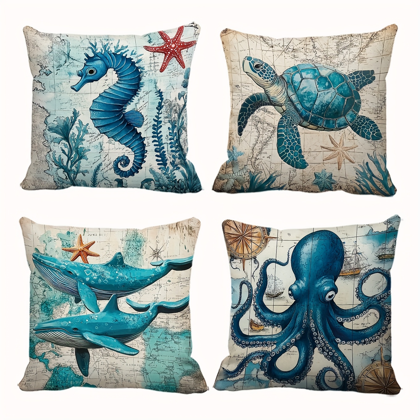 TEMU 4pcs Vintage Blue Pillow Covers - Seahorse, Turtle, Whale, Octopus & Starfish Design With Compass & Map Background - Perfect For Living Room,