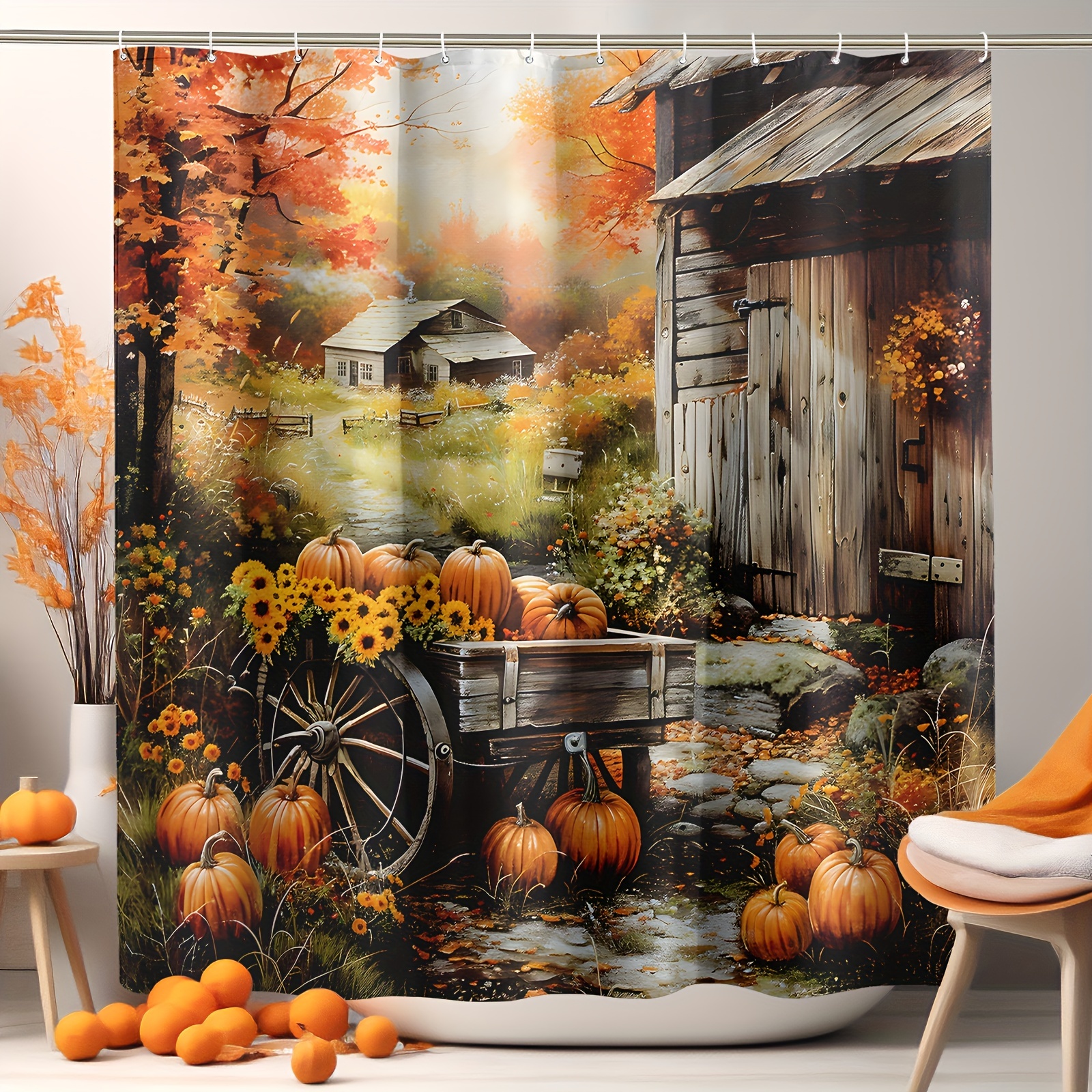 

Rustic Fall Harvest Shower Curtain: 71" X 71" Polyester, Waterproof, Machine Washable, 12 Hooks, Autumn Decor, No Lining, Forest Theme, Suede Fabric, Woven