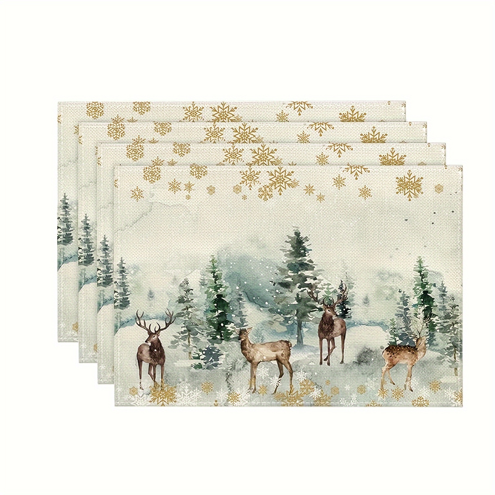 

4pcs Watercolor Deer Trees Snowflakes Christmas Placemats For Dining Table, 12 X 18 Inch Seasonal Winter Holiday Rustic Vintage Thanksgiving Washable Table Mats