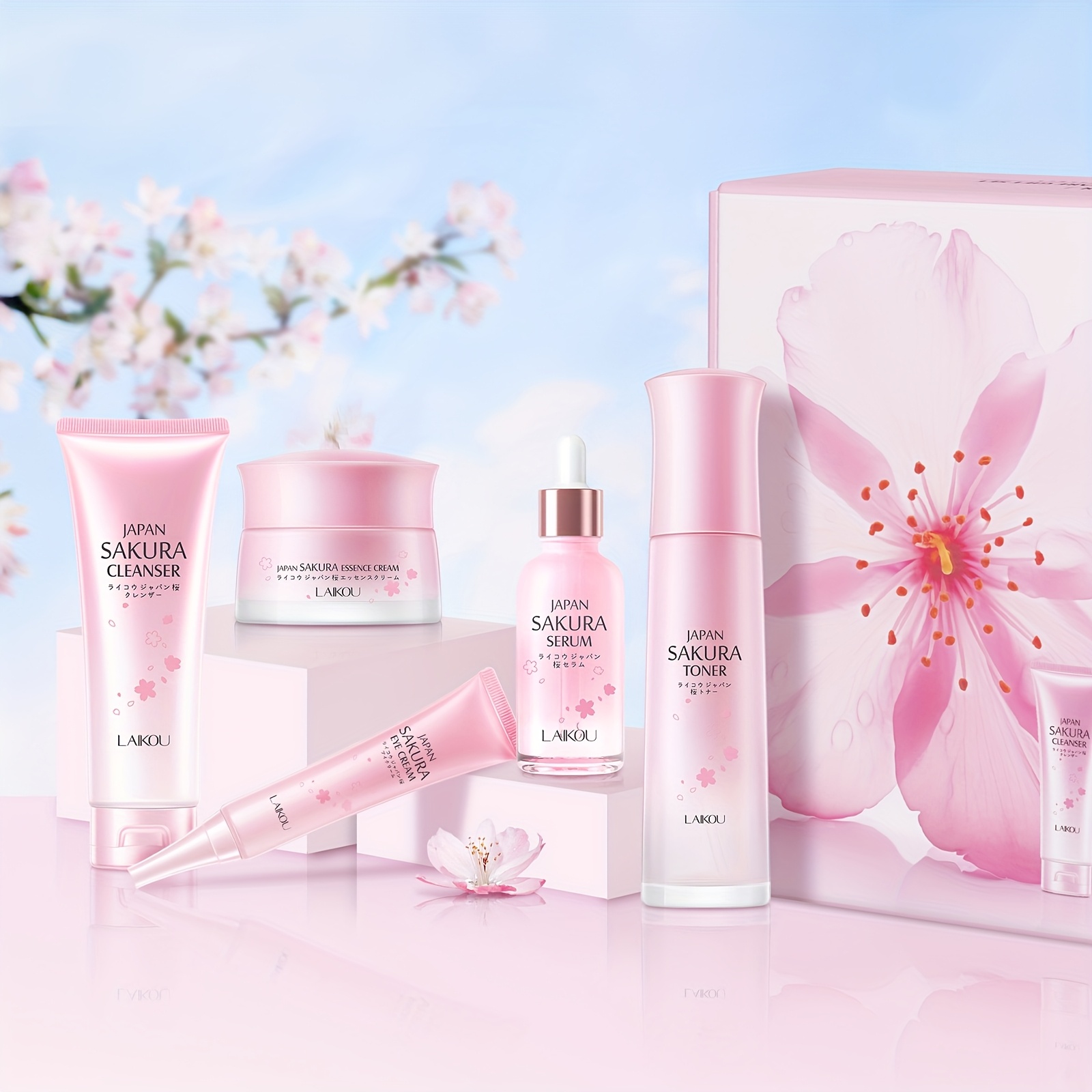 Poklon set za svakodnevnu njegu kože Sakura, uključuje gel za pranje lica 100g, tonik 120ml, serum 30ml, kremu za područje oko očiju 30g, dnevnu i noćnu masku za lice 50g, duboko hidratantno