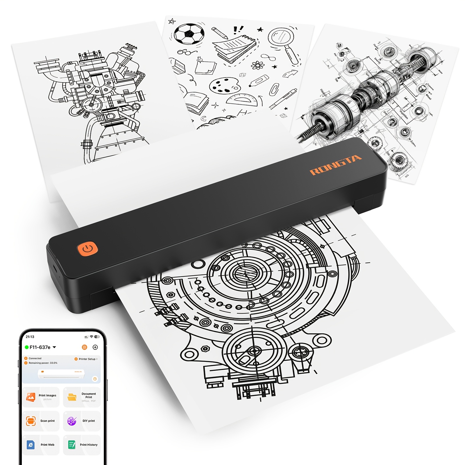 TEMU Rongta F11 A4 Portable Wireless Printer, Includes Thermal Paper - Travel Companion, Featuring Thermal Inkless Printing Technology. Supports 8.5"