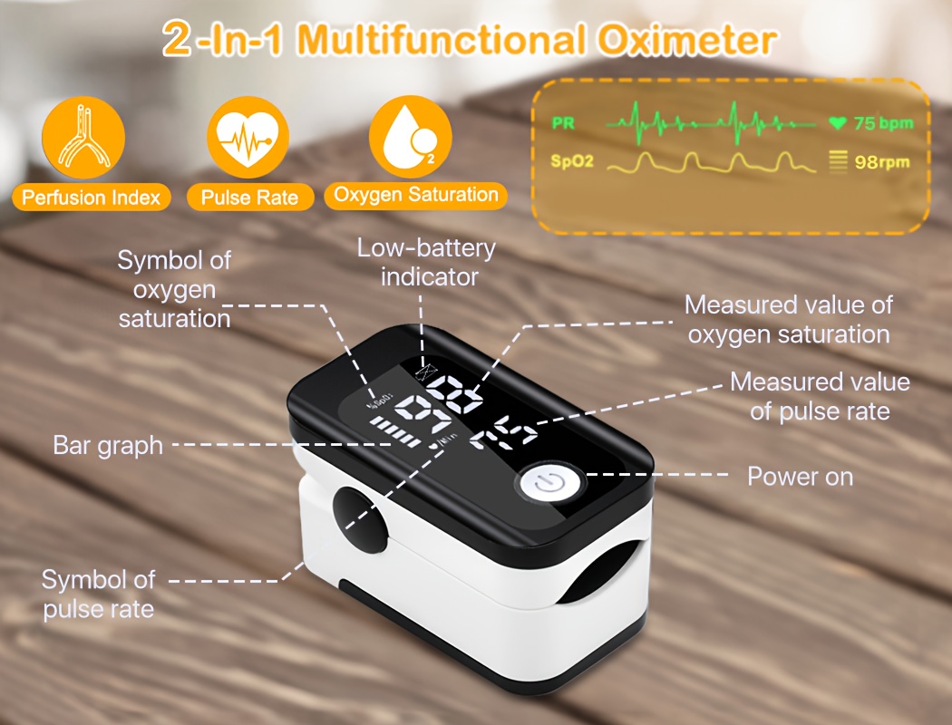fingertip   oximeter measures blood oxygen levels and   rate with   operation featuring an oled display and low value warning function Product details 5