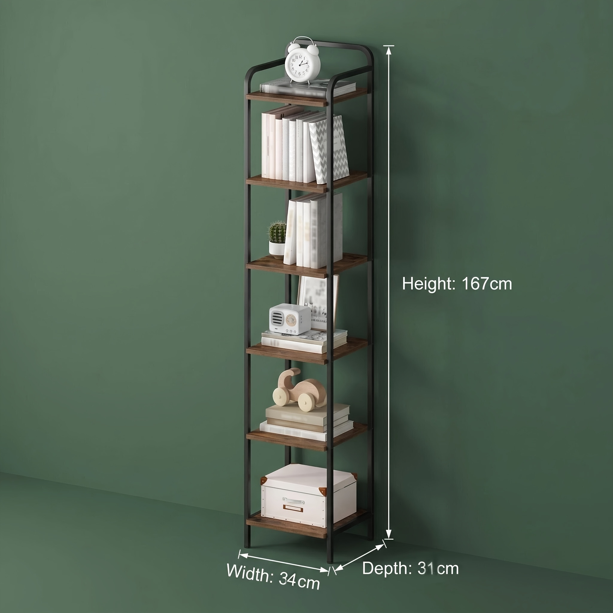 6-tier Slim Bookcase, Tall Freestanding Shelving Unit, Brown And -, Reinforced Metal Frame, Adjustable Feet, Suitable For Living Rooms, And Offices, Multifunctional Freestanding Display Unit