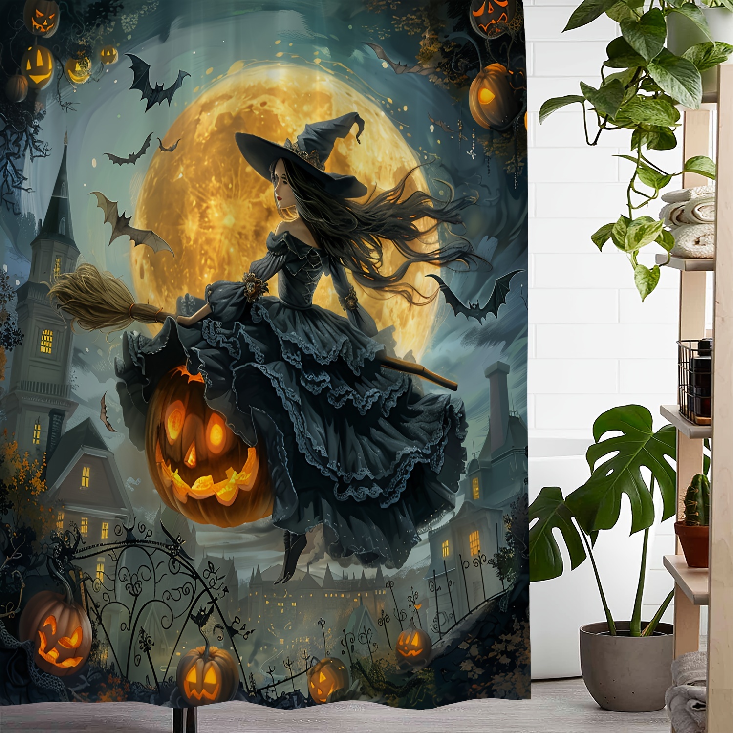 

1 Moon Pumpkin Witch Shower Curtains Halloween Print Waterproof Bath Curtain, Curtain For Windows With 12 Hooks