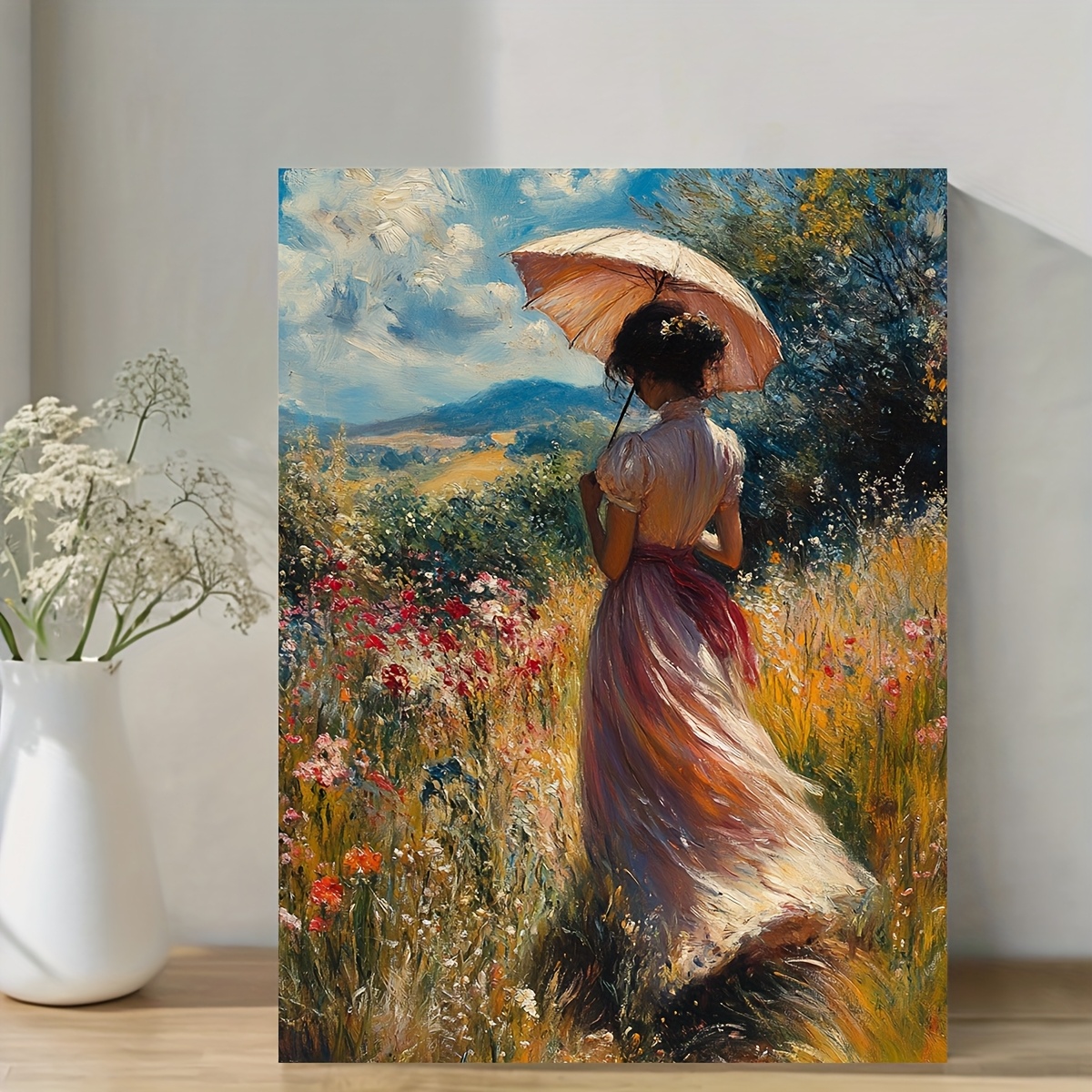 TEMU 2d Flat, Vintage Canvas Wall Art - 11.75"x15.7" Wooden Framed Painting, Woman With Parasol In , Coastal Bohemian Art , Ready To Hang