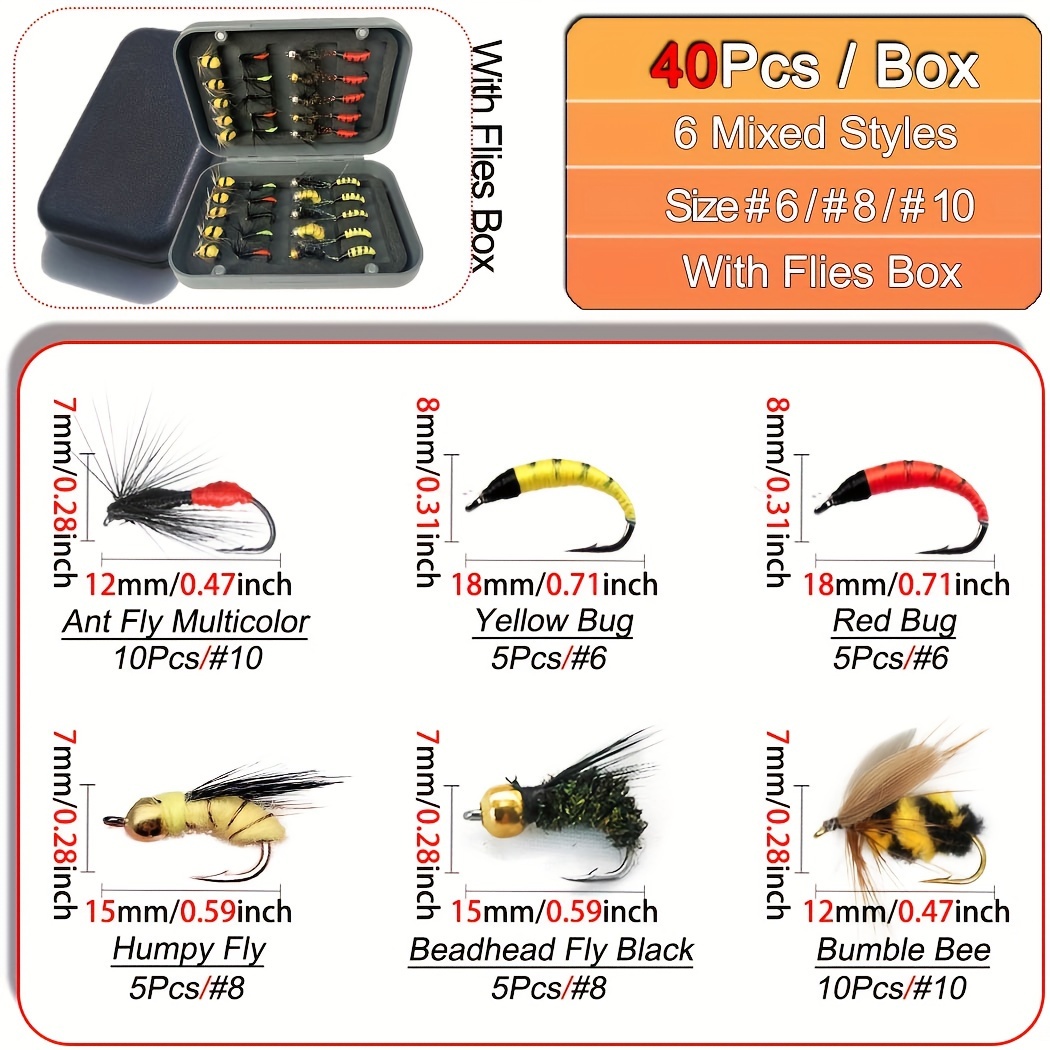 E-shop 24 Stück/40 Stück/54 Stück/100 Stück Fliegenfischen-Set Köderhaken Trocken-Nassfliegen Nymphen Angelköder für Forellenangeln mit Fliegendose aus