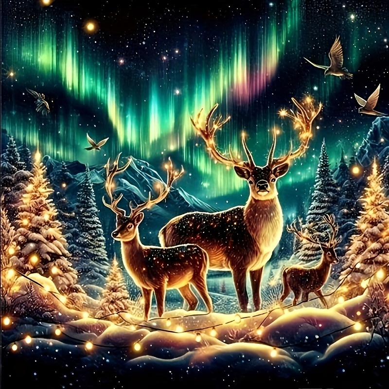 Image of 1 Set Of Festive-themed 5d Diamond Painting Ornaments - Round Acrylic Diamond Aurora Reindeer Scene, Art, Home Office, Wall Decor, Full Sequined Painting, Artwork, 15.75 X 15.75 Inches