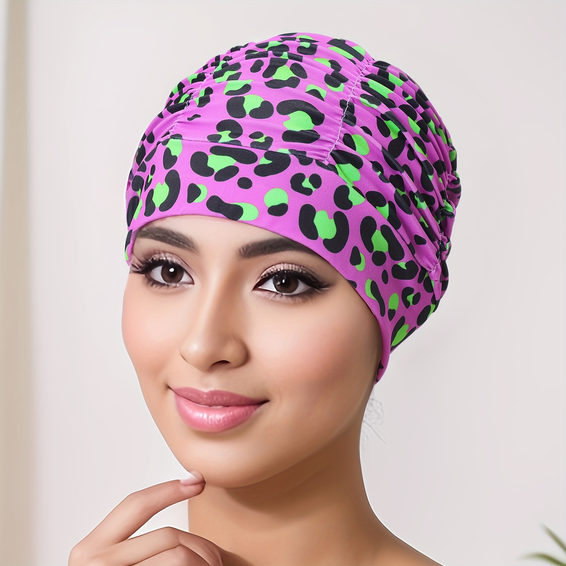 

1pc Leopard Print Swim Cap For Women, High Elasticity, Soft Breathable Quick-dry Comfortable, Polyester & Spandex, Machine Washable, With Knit Fabric For Surfing &