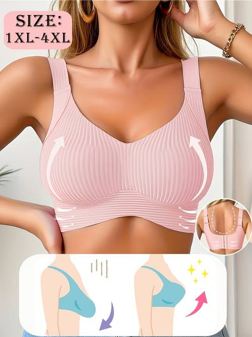 einfarbiger, nahtloser damen-bh in großen größen mit streifenmuster, push-up bh, effekt für kleine brüste, weicher, stützender, kabelloser bh, hochelastisches gewebe, guter halt, kabelloses design mit voller stützung