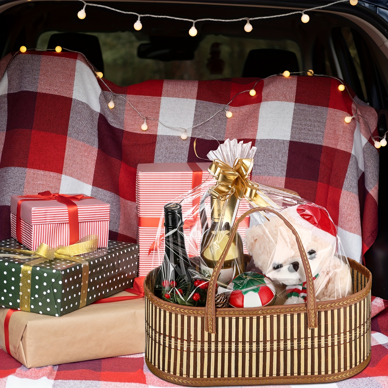 6 Pack Woven Baskets for Gifts Empty Large Bamboo Gift Baskets with Handle Cellophane Wrap Bag And Pull Flower Ribbon Sturdy Foldable Gift Packages for Birthday Wedding Favor Wrapping