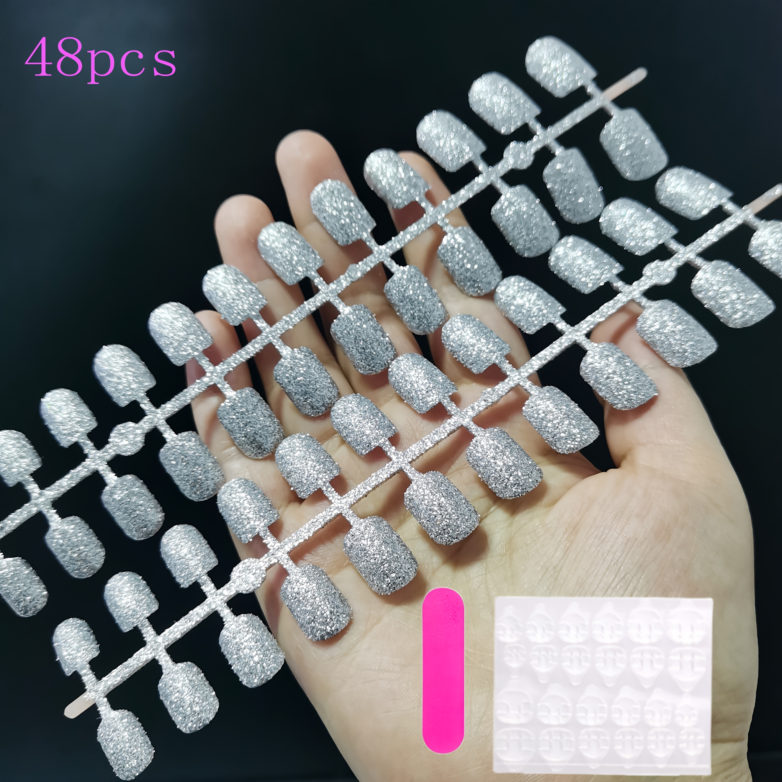 TEMU 48pcs Glitter Silvery Press On For Nails | Short Square Shape Full Cover False For Nails In 12 Sizes, Strobe End, Handmade For Nail Tips, With