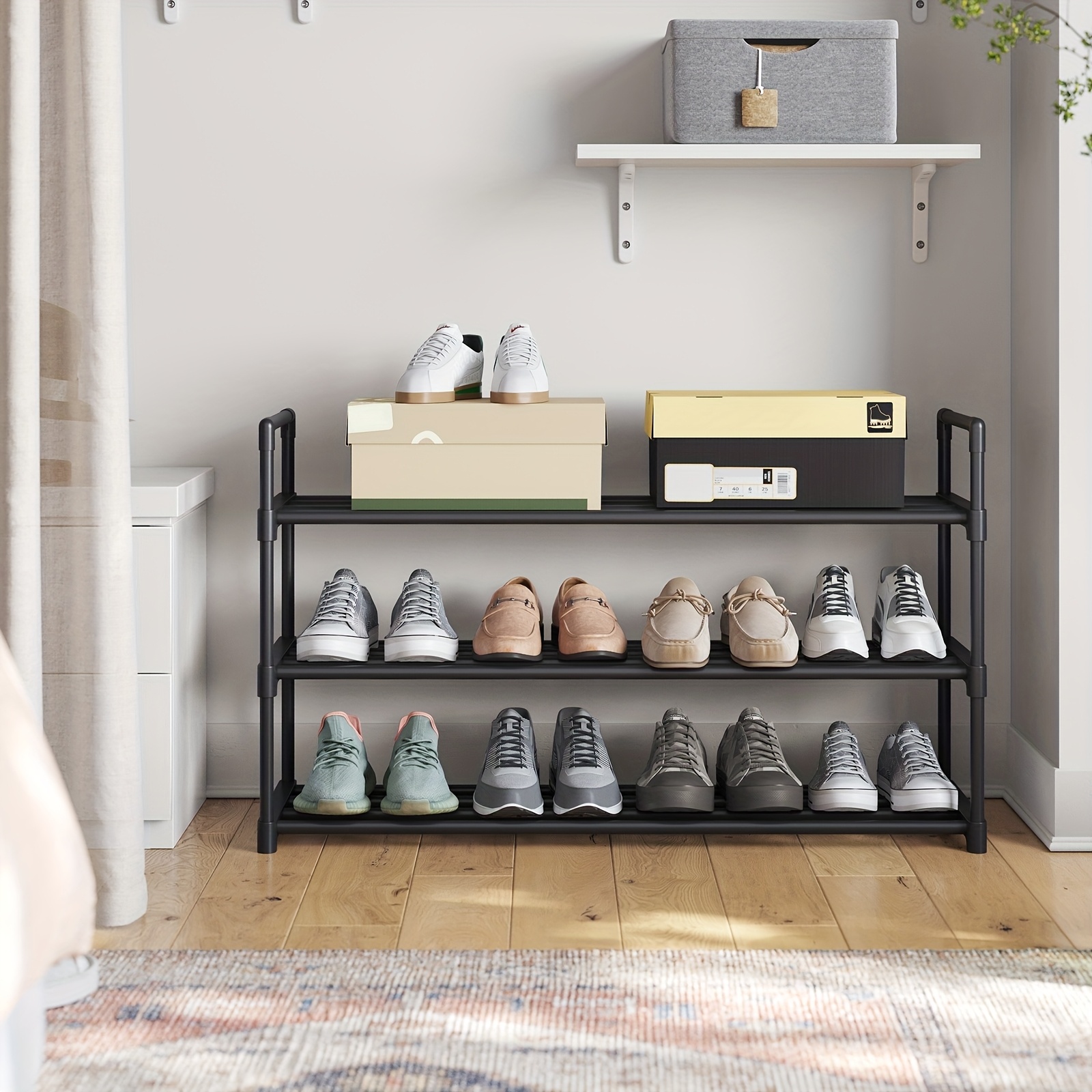 E-shop 3-stufiges Schuhregal, Schuhaufbewahrungsorganizer, Metall-Schuhständer, Platz für 15 Paar Schuhe, stapelbares Schuhregal, geeignet für Flur,