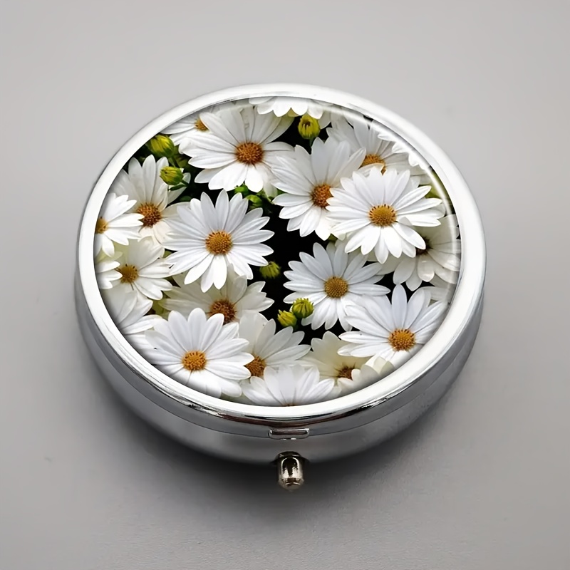 1pc Decorative Flower Round Box - 3-compartment Metal Pill Organizer, Portable Medicine Vitamin Rack, Unique Gift Bag/wallet Pill Case