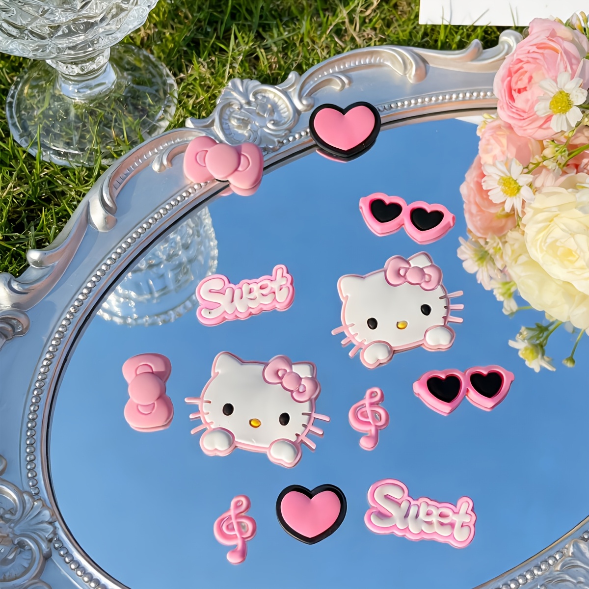 Image of 12pcs Hello Kitty Pink And Black Accessory Set, Pvc Shoe Charms, Birthday, Christmas, Valentine's Day Party Gifts, Shoe Accessories