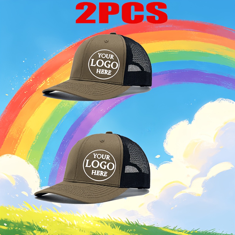 TEMU 2pcs Logo Trucker Hats Suitable For Outdoor, Breathable Mesh Baseball Caps With Adjustable Back Closure, Personalized Logo/text/logo Printing,