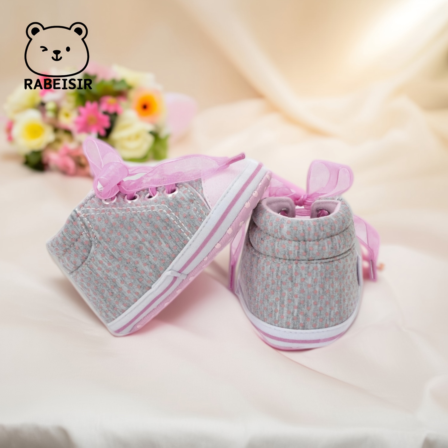 RABEISIR Adorable Heart- Walking Shoes - Soft Fabric Footwear with Pink Ribbon Accents, Lace-Up Closure for Infants & Toddlers - Ideal for Casual Gatherings & Winter, Pink Ribbon Detail, RABEISIR