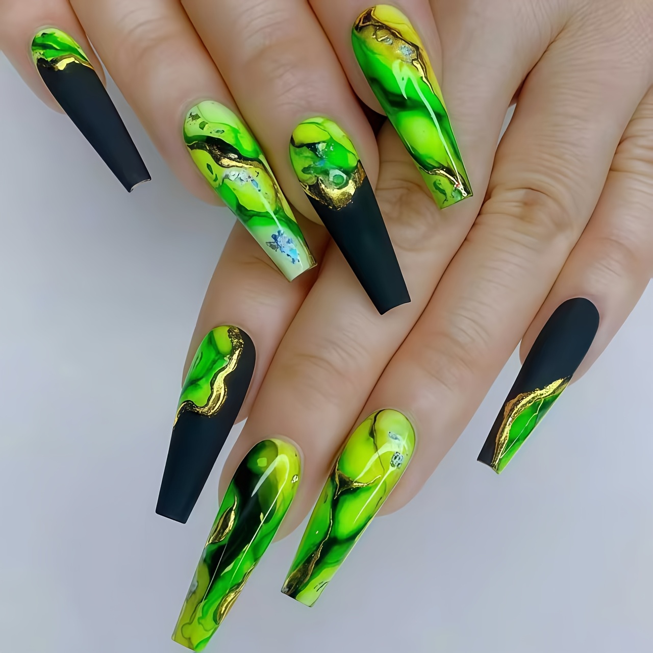 TEMU 24pcs Nail Art Set: Green-black Marble Pattern Press-on Nails, Medium-length Nail Stickers, Glossy Removable Nail Tips For Daily Wear, Fashion