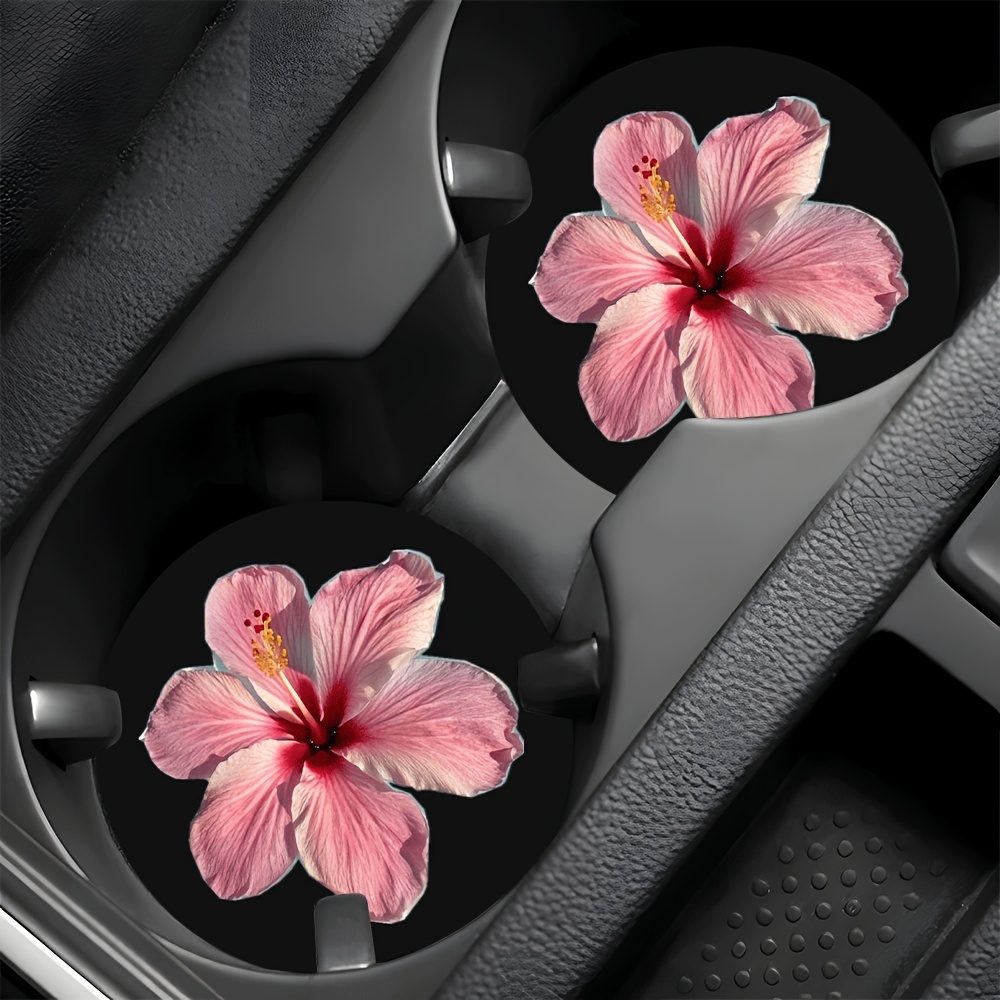TEMU 2pcs Pink Hibiscus Flower Car Cup Coasters Non-slip Suitable For Vehicles, Cup Holders, Durable Easy-clean Coaster Holders For Daily Commute,