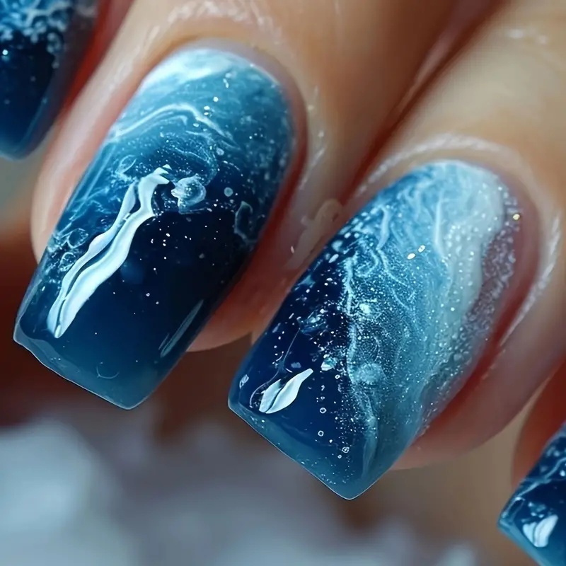 TEMU Adesivi per unghie di media lunghezza, patch per unghie finte blu staccabili, 24 pezzi, nail art, blu