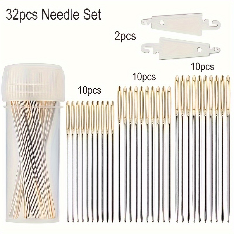 

32 Pcs Hand Sewing Needles Set With 2 Metal Needle Threaders - Silver Gray