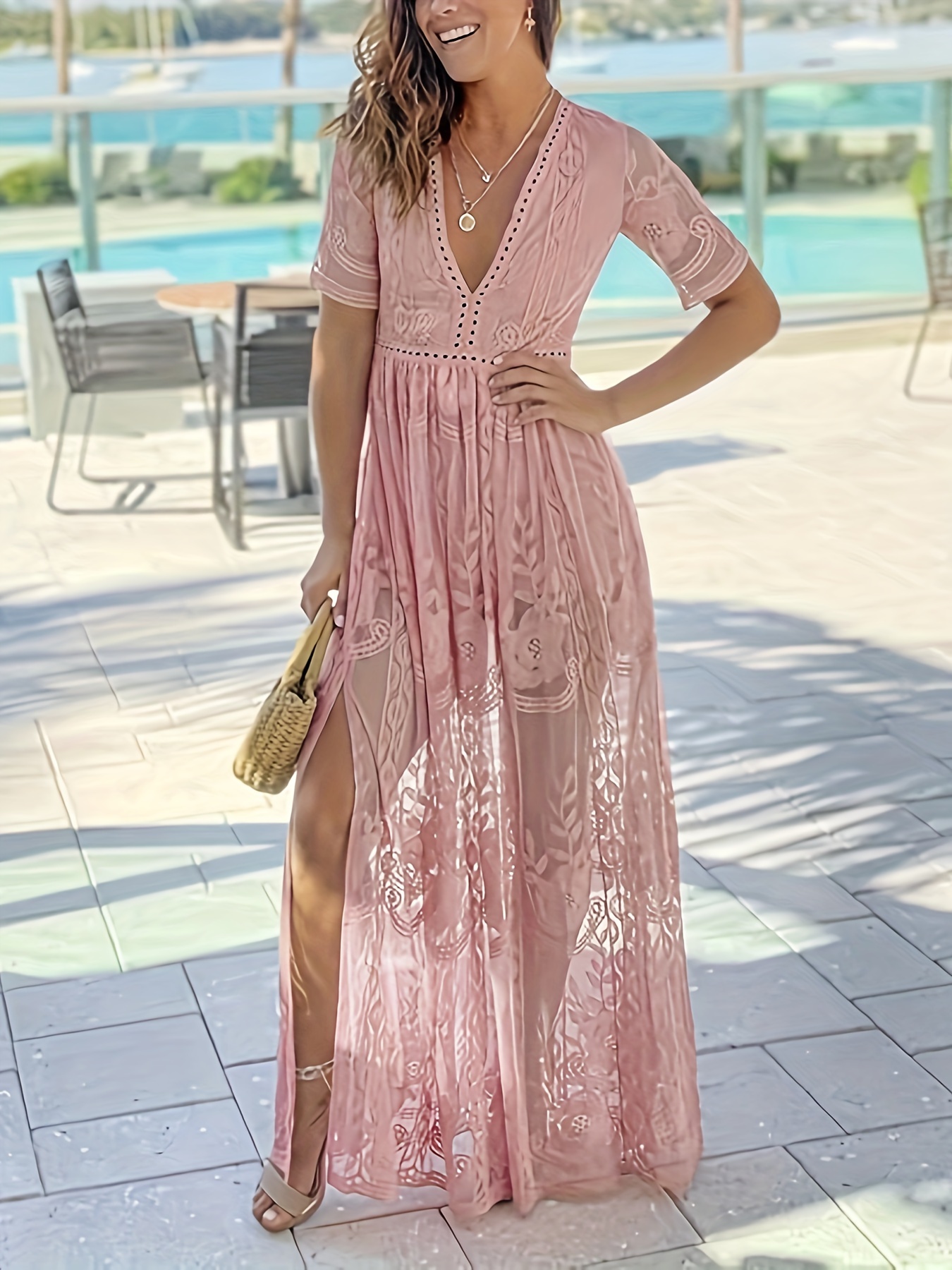 【sakura】Lace Trimmed Floral Dress Lace Trim Spaghetti Strap Floral Print Dress