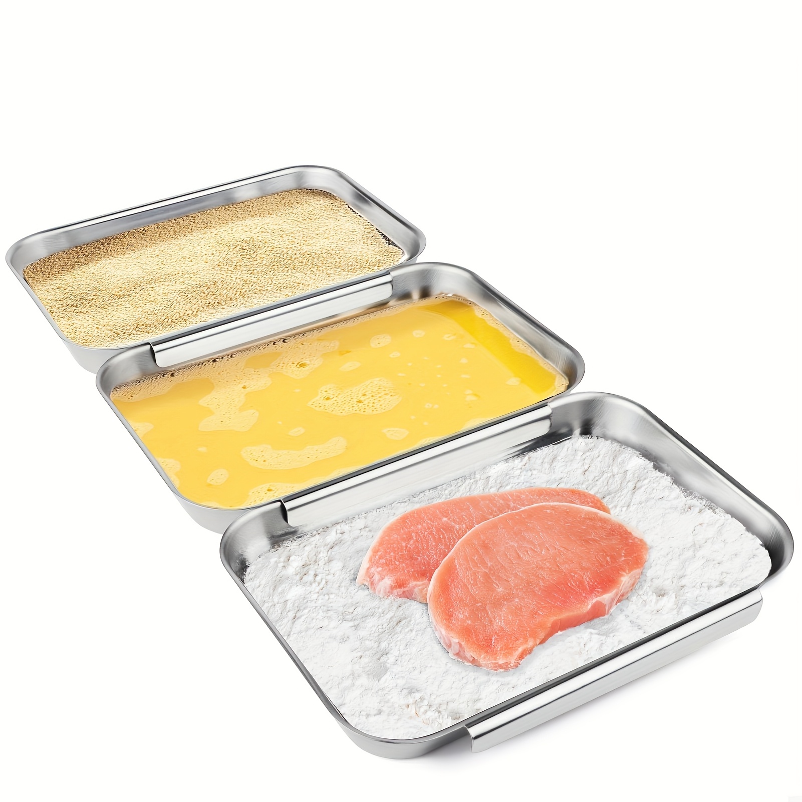 

Set Of 3 Breading Pans, Stainless Steel Breading Set For Marinating Meat, Chicken, Fish, Food Prep Trays, Coating Trays Used To Baking Cake, Oven Safe