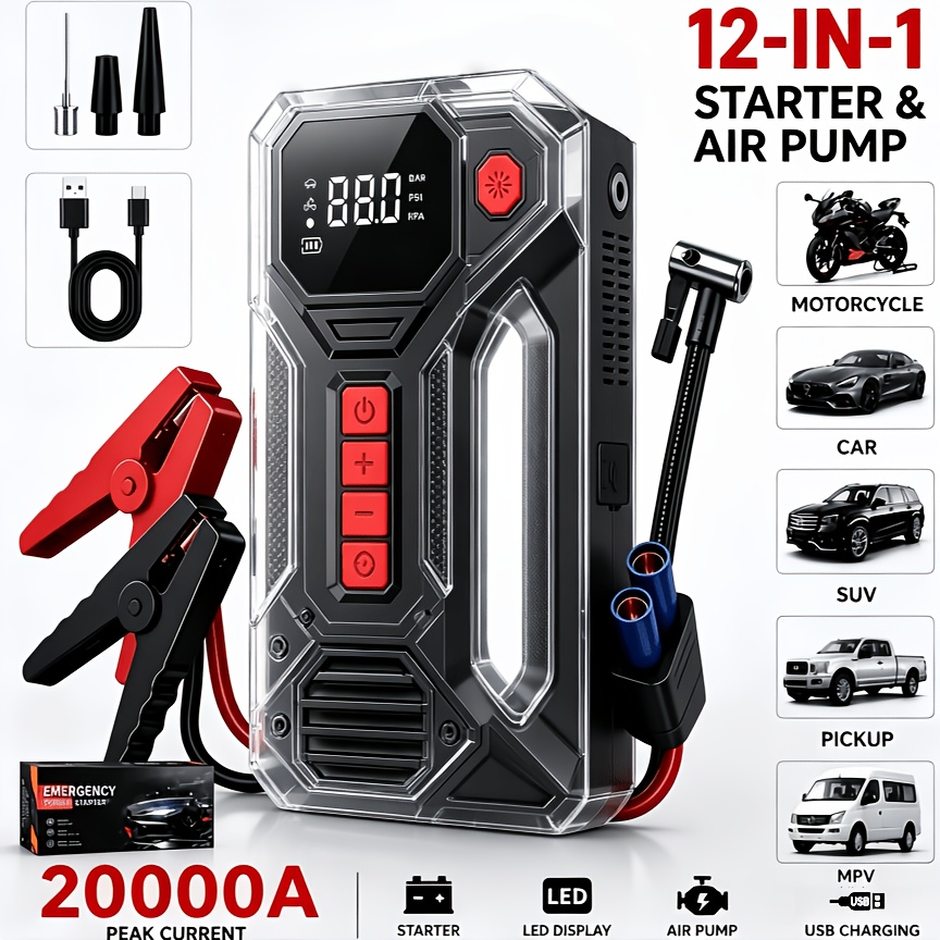 TEMU Portable Car Jump Starter, Emergency Battery Start, 12in 1 Tire Inflator, 12v Quick Usb , Led Emergency Light, Car Accessory Tool, Car Charger,