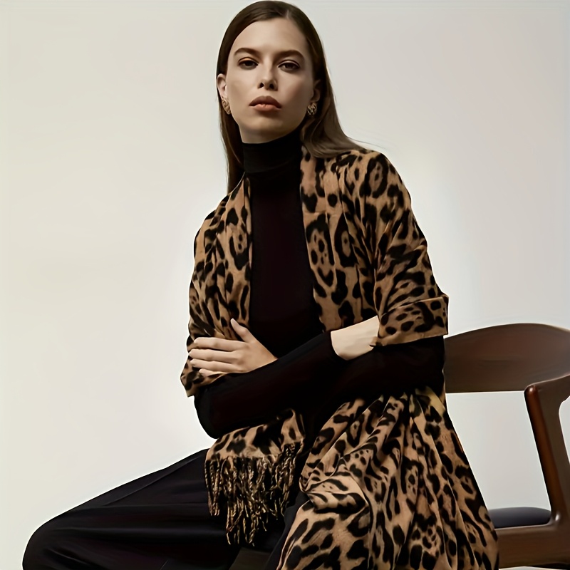 TEMU Leopard Print Fashion Scarf, Warm And Versatile, Soft, Comfortable, Stylish Women's Shawl - For Autumn And Winter, Suitable For Parties, Formal