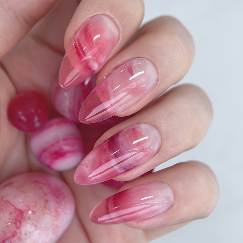 E-shop Ein Set aus 24 luxuriösen Trompeten-Almond-Falschen Nägeln, glänzende Oberfläche, rosa Halo-farbgefärbte Strand, tragbares Nagelset,